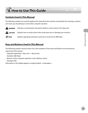 Page 14How to Use This Guide
x
How to Use This Guide
How to Use This Guide
Symbols Used in This Manual
The following symbols are used throughout the manuals for the machine and indicate the warnings, cautions 
and notes you should keep in mind when using the machine.
Indicates a warning that may lead to death or serious injury if not observed.
Explains how to avoid actions that could injure you or damage your machine.
Explains operating restrictions and how to avoid minor difficulties.
Keys and...