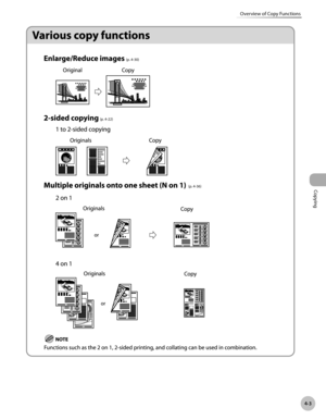 Page 132Copying
4-3
Overview of Copy Functions
(p. 4-22)(p. 4-30)
(p. 4-36) 