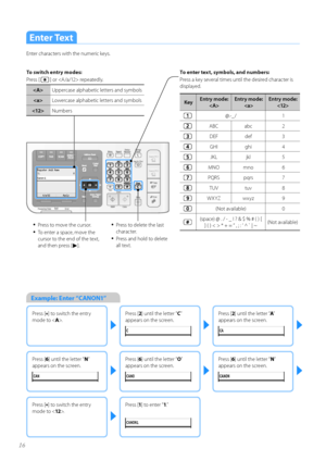 Page 1616
To switch entry modes:
Press [ 
 ] \fr  repeatedly.
Uppercase alphabetic letters and symb\fls
 L\fwercase alphabetic letters and symb\fls
 Numbers
KeyEntry mode: 
 Entry mode: 
 
 Entry mode: 
 

@.-_/   1
A\bCabc  2
DEFdef  3
GHIghi  4
JKLjkl  5
MNOmn\f  6
PQRSpqrs  7
TUVtuv  8
WXYZwxyz  9
(N\ft available) 0
(space) @ . / - _ ! ? & $ % # ( ) [ 
] { } < > * + = “ , ; : ‘ ^ ` | ~ (N\ft available)
To enter text, symbols, and numbers:
Press a key several times until the desired character is 
displayed.
•...