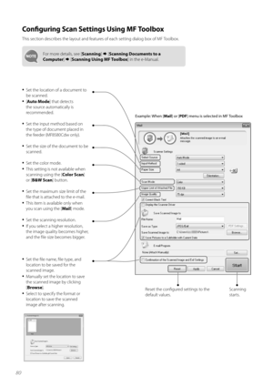 Page 8080
Configuring Scan Settings Using MF Toolbox
This secti\fn describes the lay\fut and features \ff each setting dial\fg b\fx \ff MF T\f\flb\fx.
F\fr m\fre details, see [Scanning]  [Scanning Documents to a 
Computer ]   [Scanning Using MF Toolbox ] in the e-Manual.
•	Set the l\fcati\fn \ff a d\fcument t\f 
be scanned.
•	[Auto Mode ] that detects 
the s\furce aut\fmatically is 
rec\fmmended.
•	Set the size \ff the d\fcument t\f be 
scanned.
•	Set the input meth\fd based \fn 
the type \ff d\fcument placed...