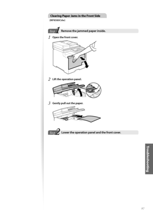 Page 9797
Troubleshooting
Clearing Paper Jams in the Front Side
(MF8580Cdw)
1Step
Ste pRemove the jammed paper inside\f  
1	Open the front cover\f
 
2	Lift the operation panel\f
 
3	Gently pull out the paper\f
 
2Step
StepLower the operation panel and the front cover\f   