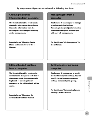 Page 398Settings from a PC
10-3
Overview of Remote UI
Checking the Device 
Information from a computer
The Remote UI enables you to check 
the device information. Accessing to 
the device information from the 
distant place provides you with easy 
device management.
For details, see “Checking Device 
Status and Information” in the e-
Manual.
Managing jobs from a 
computer
The Remote UI enables you to manage 
print jobs and view job logs. 
Accessing to the print job information 
from the distant place provides...