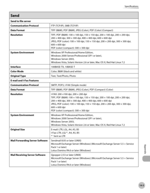 Page 49614-5
Specifications
Appendix
Send
Send to file server
Communication ProtocolFTP (TCP/IP), SMB (TCP/IP)
Data Format TIFF (B&W), PDF (B&W), JPEG (Color), PDF (Color) (Compact)
Resolution TIFF, PDF (B&W): 100
  × 100 dpi, 150 × 150 dpi, 200 × 100 dpi, 200 × 200 dpi,  
200
 × 400 dpi, 300 × 300 dpi, 400 × 400 dpi, 600 × 600 dpi
JPEG, PDF (color): 100 × 100 dpi, 150 × 150 dpi, 200 × 200 dpi, 300 × 300 dpi, 
600 × 600 dpi
PDF (color) (compact): 300 × 300 dpi
System Environment Windows XP Professional/Home...