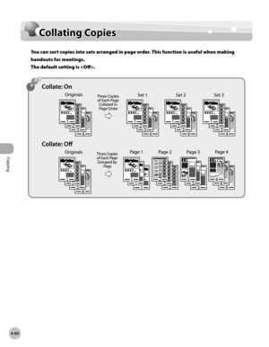 Page 207
Copying
4-60
Collating Copies

Collating Copies
You can sort copies into sets arranged in page order. This function is useful when making 
handouts for meetings.  
The default setting is . 