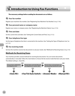 Page 225
Fax
5-4
Introduction to Using Fax Functions

Introduction to Using Fax Functions
The necessary settings before sending fax documents are as follows.
Your fax number
Register your machine’s fax number. (See “Registering Your Machine’s Fax Number,” on p. 5-16.)
Your personal name or company name
Register your name or company name. (See “Registering the Machine’s Name,” on p. 5-14.)
Tme and date
Set the current time and date. (See “ Setting the Current Date and Time,” on p. 5-12.)
Your telephone...