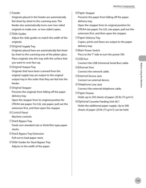 Page 28
Before Using the Machine
1-3
Machine Components
①Feeder
Originals placed in the Feeder are automatically 
fed sheet by sheet to the scanning area. The 
feeder also automatically turns over two-sided 
originals to make one- or two-sided copies.
②Slide Guides
Adjust the slide guides to match the width of the 
originals.
③Original Supply Tray
Originals placed here are automatically fed sheet 
by sheet to the scanning area of the platen glass. 
Place originals into this tray with the surface that 
you want...