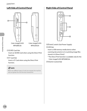 Page 35
Before Using the Machine
1-10
Control Panel
Left Side of Control Panel
Color imageCLASS 
MF9280Cdn
Color imageCLASS 
MF9220Cdn
㉒SD/MS Card Slot
Insert an SD/MS Card when using the Direct Print 
function.
㉓CF Card Slot
Insert a CF Card when using the Direct Print 
function.
When two different types of cards are inserted, the machine only recognizes the one that was inserted first. 
Right Side of Control Panel
㉔[Power] switch (Sub Power Supply)
㉕USB Slot
Insert a USB memory media device when 
scanning...