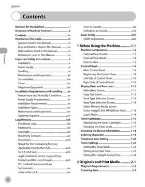 Page 5
Contents
v
Contents

Manuals for the Machne ......................................
Overvew of Machne Functons  .........................

Contents  .................................................................v
How to Use Ths Gude  ........................................
x
Symbols Used in This Manual  ...............................ix
Keys and Buttons Used in This Manual  .............ix
Abbreviations Used in This Manual...