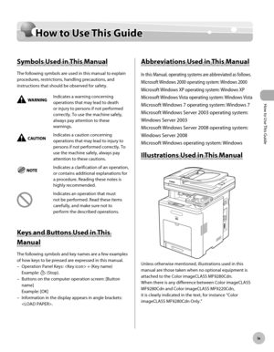 Page 10
How to Use This Guide
x
How to Use This Guide

Symbols Used in This Manual
The following symbols are used in this manual to explain 
procedures, restrictions, handling precautions, and 
instructions that should be observed for safety.
Indicates a warning concerning 
operations that may lead to death 
or injury to persons if not performed 
correctly. To use the machine safely, 
always pay attention to these 
warnings.
Indicates a caution concerning 
operations that may lead to injury to 
persons if...