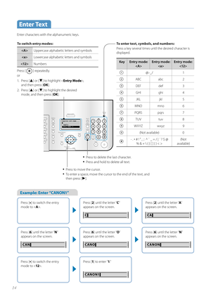 Page 1414
To switch entry modes:
Uppercase alphabetic letters and symbols
 Lowercase alphabetic letters and symbols
 Numbers
P r

ess [ 
 ] repeatedly.
or
1.  Pre ss  [
▲] or [▼] to highlight < Entry Mode>,  
and then press [ OK].
2. Press [
▲] or [▼] to highlight the desired 
mode, and then press [ OK].
Key Entry mode:
 Entry mode: 
 Entry mode: 

@.-_/   1
ABC abc 2
DEF def 3
GHI ghi 4
JKLjkl 5
MNO mno 6
PQRS pqrs 7
TUV tuv 8
WXYZ wxyz 9
(Not available) 0
- . 
* # ! " , ; : ^ ` _ = / | ´ ? $ @ 
% & +  ( )...