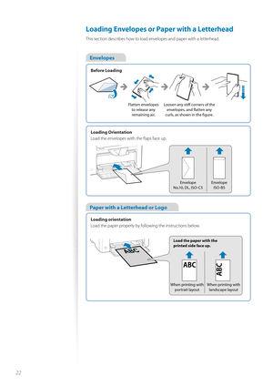 Page 2222
 Loading Envelopes or Paper with a Letterhead  
This section describes how to load envelopes and paper with a letterhead.
Envelopes
Loading orientation
Load the paper properly by following the instructions below. 
Paper with a Letterhead or Logo
Before Loading
Loading Orientation
Load the envelopes with the fl aps face up.
Flatten envelopes to release any remaining air. Loosen any stiff
   corners of the 
envelopes, and fl  atten any 
curls, as shown in the fi  gure.
Envelope 
No.10, DL, ISO-C5...