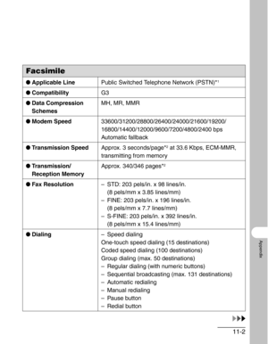 Page 12711-2
Appendix
Facsimile
●Applicable LinePublic Switched Telephone Network (PSTN)*1
●CompatibilityG3
●Data Compression 
SchemesMH, MR, MMR
●Modem Speed33600/31200/28800/26400/24000/21600/19200/
16800/14400/12000/9600/7200/4800/2400 bps
Automatic fallback
●Transmission SpeedApprox. 3 seconds/page*
2 at 33.6 Kbps, ECM-MMR, 
transmitting from memory
●Transmission/
Reception MemoryApprox. 340/346 pages*
2
●Fax Resolution– STD: 203 pels/in. x 98 lines/in. 
(8 pels/mm x 3.85 lines/mm)
– FINE: 203 pels/in. x 196...