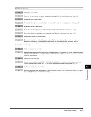 Page 144Troubleshooting
13
Paper Feeding Problems13-11
Repeated paper jams occur.
QIs the proper paper loaded?
ACheck that the size, thickness and type of the paper you are using. (See “Print Media Requirements,” on p. 4-1.)
QIs the proper paper loaded correctly?
ABe sure to fan the paper stack before loading it in the cassette. This keeps the sheets of paper from sticking together. 
QIs the output tray free of obstructions?
ADo not place the delivered paper back on the output tray. (See “Face Down Paper Output...