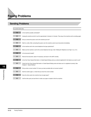 Page 145Troubleshooting
13
Faxing Problems13-12
Faxing Problems
Sending Problems
You cannot send a fax.
QIs the machine possibly overheated?
AUnplug the machine and let it cool for approximate 3 minutes to 5 minutes. Then plug in the machine and try sending again.
QDid you connect the power cord to the machine just now?
AWait for a while. After connecting the power cord, the machine cannot scan documents immediately. 
QIs the machine set for the correct telephone line type (pulse/tone)?
AMake sure the machine is...