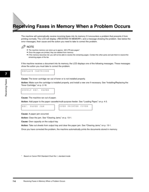 Page 97Receiving Faxes
7
Receiving Faxes in Memory When a Problem Occurs7-6
Receiving Faxes in Memory When a Problem Occurs
The machine will automatically receive incoming faxes into its memory if it encounters a problem that prevents it from 
printing normally. The LCD will display  and a message showing the problem. See below the 
error messages, their cause and the action you need to take to correct the problem.
NOTE
•The machine memory can store up to approx. 450 LTR-size pages*.•Once the pages are printed,...