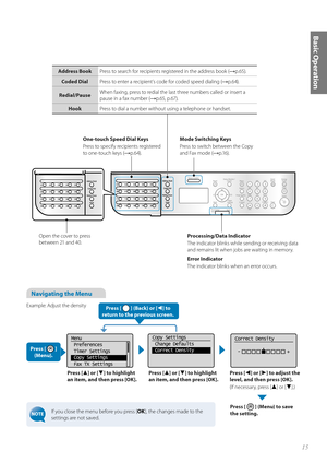 Page 1515
Basic Operation
Navigating the Menu 
Example: Adjust the densityPress [
▲] or [▼] to highlight 
an item, and then press [OK]. Press [▲] or [▼] to highlight 
an item, and then press [OK]. Press [◄] or [►] to adjust the 
level, and then press [OK].
(If necessary, press [
▲] or [▼].)
Press [ 
 ] (Menu) to save 
the setting.
Menu
 Preferences
 Timer Settings
 Copy Settings
 Fax TX SettingsCopy Settings
  Change Defaults
  Correct DensityCorrect Density
 -                  +
Open the cover to press...