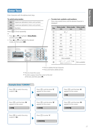 Page 1717
Basic Operation
Register Unit Name
 
 Entry Mode: A
To switch entry modes:
Uppercase alphabetic letters and symbols
 Lowercase alphabetic letters and symbols
 Numbers
Pr es

s [ 
 ] (Tone) repeatedly.
or
1.  Pre ss  [
▲] or [▼] to highlight < Entry Mode>,  
and then press [ OK].
2. Press [
▲] or [▼] to highlight the desired 
mode, and then press [ OK].
Key Entry mode:
 Entry mode: 
 Entry mode: 

@.-_ / 1
ABC abc 2
DEF def 3
GHI ghi 4
JKLjkl 5
MNO mno 6
PQRS pqrs 7
TUV tuv 8
WXYZ wxyz 9
(Not...