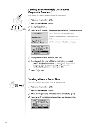 Page 6666
 Sending a Fax to Multiple Destinations 
(Sequential Broadcast) 
You can send the same document to multiple recipients at once.
1 Place your documents (→p.19).
2 Switch to the Fax mode (→p.16).
3 Specify the detination.
4 Press [▲] or [▼] to select the desired method for specifying destinations.
Select a destination from the address book. 
 Enter the numbers registered in the coded dialing 
cod
e

s. 
 Enter the destination with alphanumeric keys.
Send: Press Start
Destinations: 001
     0123456789...