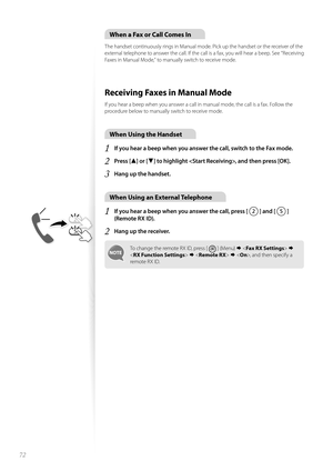 Page 7272
When a Fax or Call Comes In
The handset continuously rings in Manual mode. Pick up the handset or the receiver of the 
external telephone to answer the call. If the call is a fax, you will hear a beep. See “Receiving 
Faxes in Manual Mode,” to manually switch to receive mode.
Receiving Faxes in Manual Mode 
If you hear a beep when you answer a call in manual mode, the call is a fax. Follow the 
procedure below to manually switch to receive mode.
When Using the Handset
1 If you hear a beep when you...