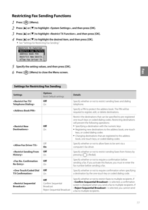 Page 7777
Fax
Restricting Fax Sending Functions 
1 Press [  ] (Menu).
2 Press [▲] or [▼] to highlight , and then press [OK].
3 Press [▲] or [▼] to highlight , and then press [OK].
4 Press [▲] or [▼] to highlight the desired item, and then press [OK].
• 
See “Settings for Restricting Fax Sending.”
 
Restrict TX Function
 Restrict Fax TX/Tele
 Address Book PIN
 Restrict New Destin
. ..
  Allow Fax Driver TX
5 Specify the setting values, and then press [OK].
6 Press [  ] (Menu) to close the Menu screen.
 Settings...