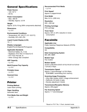 Page 192A-2Specifications Appendix A
General Specifications
Power Source
–120–127 V
–60 Hz
Power Consumption
–Max.: 660 W
–Standby: Approx. 3.5 W
Weight
Approx. 22 lb./10 kg (With components attached)
Dimensions
1
p.2-2
Environmental Conditions
–Temperature: 50°–90.5°F (10°–32.5°C)
–Humidity: 20%–80% RH
Liquid Crystal Display (LCD)
16 ×1
Display Languages
English/French/Spanish/Portuguese
Applicable Standards
–Electrical Safety: UL, C-UL
–Radiation: FCC Part 15 Class B, IC
–PTT: FCC Part 68, IC
–Other: Energy...