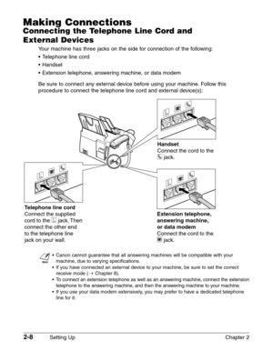 Page 322-8Setting Up Chapter 2
Making Connections
Connecting the Telephone Line Cord and 
External Devices
Your machine has three jacks on the side for connection of the following:
•Telephone line cord
•Handset
•Extension telephone, answering machine, or data modem
Be sure to connect any external device before using your machine. Follow this
procedure to connect the telephone line cord and external device(s):
n
•Canon cannot guarantee that all answering machines will be compatible with your
machine, due to...