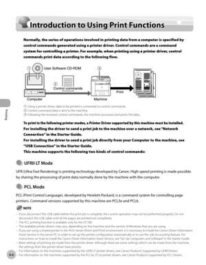 Page 103Printing 
4-4
Introduction to Using Print Functions
Introduction to Using Print Functions
Normally, the series of operations involved in printing data from a computer is specified by 
control commands generated using a printer driver. Control commands are a command 
system for controlling a printer. For example, when printing using a printer driver, control 
commands print data according to the following flow.
① Using a printer driver, data to be printed is converted to control commands.
② Control...