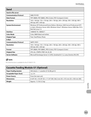 Page 29814-5
Appendix
Specifications
Send
Send to file server
Communication ProtocolSMB (TCP/IP)
Data Format TIFF (B&W), PDF (B&W), JPEG (Color), PDF (Compact) (Color) 
Resolution 100 × 100 dpi, 150 × 150 dpi, 200 × 100 dpi, 200 × 200 dpi, \
300 × 300 dpi, 400 × 
400 dpi, 600 × 600 dpi
System Environment Windows XP Professional/Home Edition, Windows 2000 Server/Professional (SP1 
or later), Windows Server 2003, Windows Vista/7, Windows Server 2008, M\
ac OS X, 
Red Hat Linux 7.2
Interface 100BASE-TX, 10BASE-T...