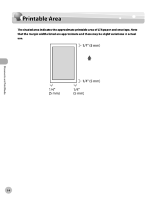 Page 55Documents and Print Media 
2-8
Printable Area
Printable Area
The shaded area indicates the approximate printable area of LTR paper and envelope. Note 
that the margin widths listed are approximate and there may be slight variations in actual 
use. 