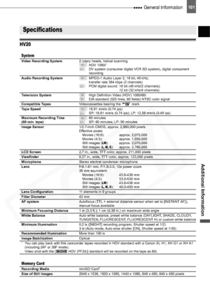 Page 101
 General Information101
Additional Information
HV20
Specifications
SystemVideo Recording System2 rotary heads, helical scanning 
 HDV 1080i1  DV system (consumer digital VCR SD system), digital component recording
Audio Recording System  MPEG-1 Audio Layer 2, 16 bit, 48 kHz; 
transfer rate 384 kbps (2 channels)
  PCM digital sound:  16 bit (48 kHz/2 channels);  12 bit (32 kHz/4 channels)
Television System High Definition Video (HDV) 1080/60i
EIA standard (525 lines, 60 fields) NTSC color signal...