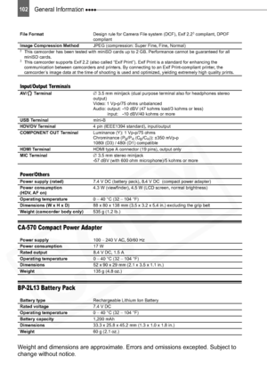 Page 102
102General Information 
CA-570 Compact Power Adapter
BP-2L13 Batter y Pack
Weight and dimensions are approximate. Errors and omissions excepted. Subject to 
change without notice.
File FormatDesign rule for Camera File system (DCF), Exif 2.23 compliant, DPOF 
compliant
Image Compression Method JPEG (compression: Super Fine, Fine, Normal) 
2This camcorder has been tested with miniSD cards up to 2 GB. Performance cannot be guaranteed for all 
miniSD cards.
3This camcorder supports Exif 2.2 (also called...