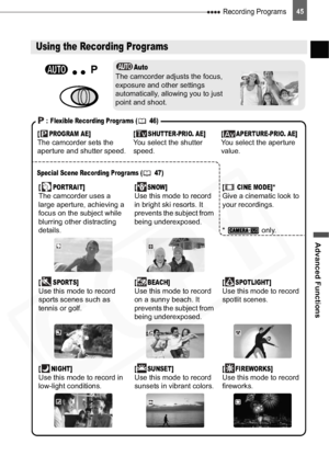 Page 45
 Recording Programs
Advanced Functions
45
Recording Programs
Using the Recording Programs
Auto
The camcorder adjusts the focus, 
exposure and other settings 
automatically, allowing you to just 
point and shoot.
Special Scene Recording Programs ( 47)
[ PORTRAIT]The camcorder uses a 
large aperture, achieving a 
focus on the subject while 
blurring other distracting 
details.[SNOW]Use this mode to record 
in bright ski resorts. It 
prevents the subject from 
being underexposed.[CINE MODE]*
Give a...