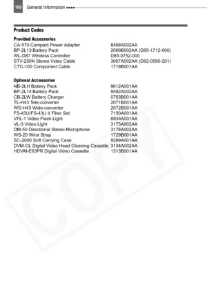 Page 100
100General Information 
Product Codes
Provided Accessories
CA-570 Compact Power Adapter  8468A002AA
BP-2L13 Battery Pack 2069B002AA (D85-1712-000)
WL-D87 Wireless Controller D83-0752-000
STV-250N Stereo Video Cable 3067A002AA (D82-0590-201)
CTC-100 Component Cable 1719B001AA
Optional Accessories
NB-2LH Battery Pack 9612A001AA 
BP-2L14 Battery Pack 9582A002AA
CB-2LW Battery Charger 0763B001AA
TL-H43 Tele-converter  2071B001AA
WD-H43 Wide-converter  2072B001AA
FS-43U/FS-43U II Filter Set  7150A001AA
VFL-1...