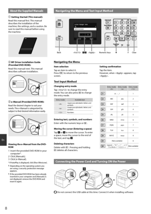 Page 88
En
Navigating the Menu and Text Input Method
System Manager NameA
Apply
#
A/a/12
Administrator
 Back# Clear
Numeric keys


About the Supplied Manuals
 
Getting Started (This manual):
Read this manual first. This manual 
describes the installation of the 
machine, the settings, and a caution. Be 
sure to read this manual before using 
the machine.
  MF Driver Installation Guide 
(Provided DVD-ROM):
Read this manual next. This manual 
describes software installation.
  e-Manual (Provided DVD-ROM):...