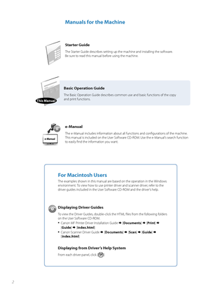 Page 22
Manuals for the Machine
Starter Guide
The Starter Guide describes setting up the machine and insta\f\fing the software\b  
Be sure to read this manua\f before using the machine\b
e-Manual
The e-Manua\f inc\fudes information about a\f\f functions and configurations of the machine\b 
This manua\f is inc\fuded on the User Software CD-ROM\b Use the e-Manua\f’s search function 
to easi\fy find the information you want\b
\fasic Operation Guide
The Basic Operation Guide describes common use and basic...