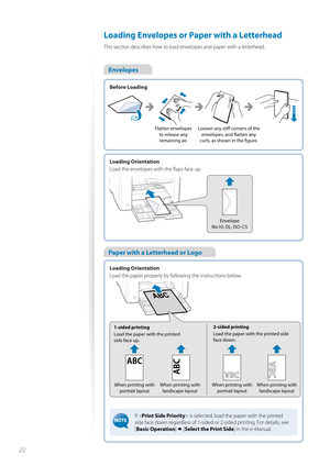 Page 2222
  Loading Envelopes or Paper with a Letterhead  
This section describes how to load envelopes and paper with a letterhead.
Envelopes
 
Loading Orientation
Load the paper properly by following the instructions below. 
1-sided printing
Load the paper with the printed 
side face up.2-sided printing
Load the paper with the printed side 
face down.
When printing with  portrait layout When printing with 
landscape layout When printing with 
portrait layout When printing with 
landscape layout
#$
If < Print...