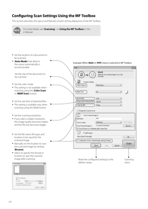 Page 4848
 Confi  guring Scan Settings Using the MF Toolbox
This section describes the layout and features of each setting dialog box of the MF Toolbox.
For more details, see [ Scanning] → [Using the MF Toolbox ] in the 
e-Manual.
Scanning 
starts.
Reset the confi gured settings to the 
default values.
Example: When [
Mail] or [PDF] menu is selected in MF Toolbox
• Set the location of a document to 
be scanned.
• [Auto Mode ] that detects 
the source automatically is 
recommended.
Set the size of the document...
