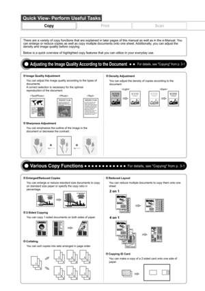 Page 2 
Adjusting the Image Quality According to the DocumentFor details, see Copying from p. 3-1.
You can adjust the density of copies according to the 
document.

Image Quality Adjustment
Enlarged/Reduced CopiesReduced Layout
Copying ID Card
2 on 1
4 on 1
2-Sided Copying
Collating
Density Adjustment
You can adjust the image quality according to the types of 
documents.
A correct selection is necessary for the optimal 
reproduction of the document.
 
Various Copy FunctionsFor details, see Copying from p....