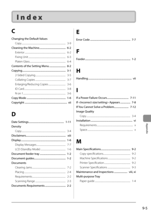 Page 1139-5
Appendix
 Index 
C
Changing the Default ValuesCopy ........................................................................\
...........   3-9
Cleaning the Machine ..........................................  6-2 Exterior ........................................................................\
.....   6-2
Fixing Unit ......................................................................   6-3
Platen Glass................................................................\
....   6-4
Contents of the...