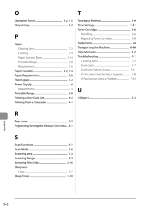 Page 1149-6
Appendix
O
Operation Panel ............................................   1-2, 1-5
Output tray ..............................................................  1-2
P
PaperClearing Jams ...............................................................   7-2
Loading ........................................................................\
....   2-9
Paper Size and Type...............................................   2-14
Printable Range ...........................................................   2-8...