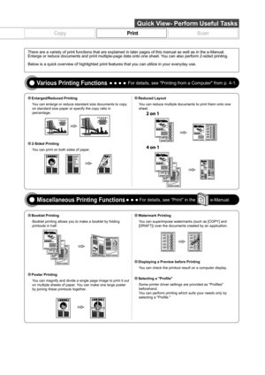 Page 3Quick View- Perform Useful Tasks
CopyPrintScan
You can enlarge or reduce standard size documents to copy 
on standard size paper or specify the copy ratio in 
percentage.
You can print on both sides of paper.You can reduce multiple documents to print them onto one 
sheet.
Booklet printing allows you to make a booklet by folding 
printouts in half.
You can magnify and divide a single page image to print it out 
on multiple sheets of paper. You can make one large poster 
by joining these printouts...