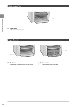 Page 221-4
Before Using the Machine
   Multi-purpose  Tray 
 
(1) 
  
 (1)  Paper  guides  
 Adjust to the width of the paper. 
   Paper  Cassette  
 
(1)
(2)  
 (1)  Dust  cover 
 Protects paper in the paper cassette from dirt and dust. 
 (2)  Paper  guides 
 Adjust the paper guides to the paper.  