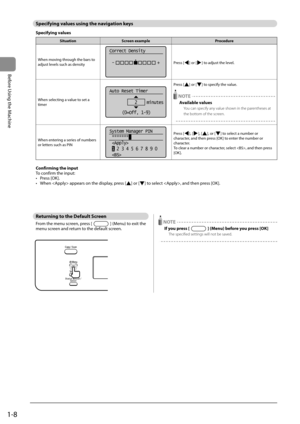 Page 261-8
Before Using the Machine
 Specifying values using the navigation keys 
 Specifying  values 
SituationScreen example Procedure
When moving through the bars to 
adjust levels such as density
Correct Density
 -                  +
Press [] or [] to adjust the level.
When selecting a value to set a 
timer
Auto Reset Timer
2    minutes
(0=Off, 1-9)
Press [] or [] to specify the value.
 NOTE
Available values
You can specify any value shown in the parentheses at 
the bottom of the screen.
 
When entering a...