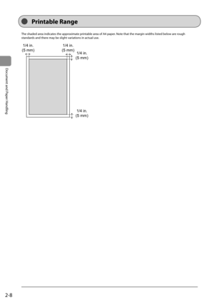 Page 382-8
Document and Paper Handling
 The shaded area indicates the approximate printable area of A4 paper. Note that the margin widths listed below are rough 
standards and there may be slight variations in actual use.    
 
1/4 in.
(5 mm) 1/4 in.
(5 mm) 1/4 in.
(5 mm)
1/4 in.
(5 mm)  
   Printable  Range  
