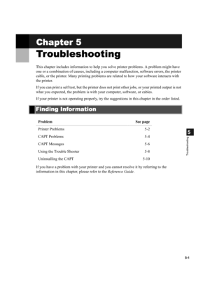 Page 915-1
5
Troubleshooting
Chapter 5
Chapter 5Chapter 5 Chapter 5
Troubleshooting
TroubleshootingTroubleshooting Troubleshooting
This chapter includes information to help you solve printer problems. A problem might have 
one or a combination of causes, including a computer malfunction, software errors, the printer 
cable, or the printer. Many printing problems are related to how your software interacts with 
the printer.
If you can print a self test, but the printer does not print other jobs, or your printed...