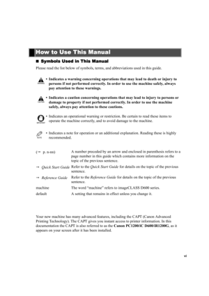 Page 6vi
Symbols Used in This Manual
Symbols Used in This ManualSymbols Used in This Manual Symbols Used in This Manual
Please read the list below of symbols, terms, and abbreviations used in this guide.
Your new machine has many advanced features, including the CAPT (Canon Advanced 
Printing Technology). The CAPT gives you instant access to printer information. In this 
documentation the CAPT is also referred to as the Canon PC1200/iC D600/iR1200G, as it 
appears on your screen after it has been installed....