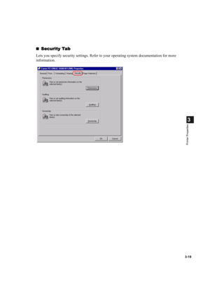 Page 683-19
3
Printer Properties
Security Tab
Security TabSecurity Tab Security Tab
Lets you specify security settings. Refer to your operating system documentation for more 
information. 