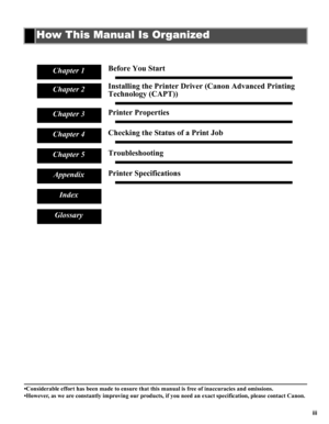 Page 3iii •Considerable effort has been made to ensure that this manual is free of inaccuracies and omissions.
•However, as we are constantly improving our products, if you need an exact specification, please contact Canon.
How This Manual Is Organized
Before You Start
Installing the Printer Driver (Canon Advanced Printing 
Technology (CAPT))
Printer Properties
Checking the Status of a Print Job
Troubleshooting
Printer SpecificationsChapter 1
Chapter 2
Chapter 3
Chapter 4
Chapter 5
Appendix
Index
Glossary 