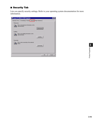 Page 683-19
3
Printer Properties
■Security Tab
Lets you specify security settings. Refer to your operating system documentation for more 
information. 