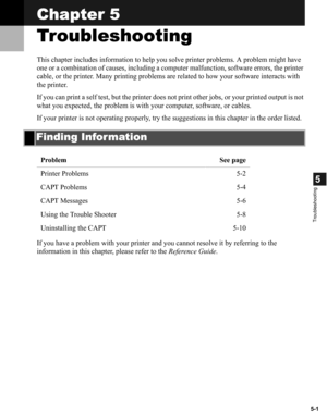 Page 915-1
5
Troubleshooting
Chapter 5
Troubleshooting
This chapter includes information to help you solve printer problems. A problem might have 
one or a combination of causes, including a computer malfunction, software errors, the printer 
cable, or the printer. Many printing problems are related to how your software interacts with 
the printer.
If you can print a self test, but the printer does not print other jobs, or your printed output is not 
what you expected, the problem is with your computer,...